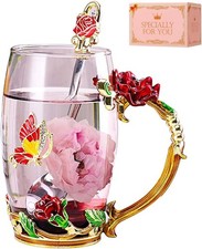 Birthday Gifts For Women,Enamel Butterfly Flower Glass Tea Cup Rose Red Coffee
