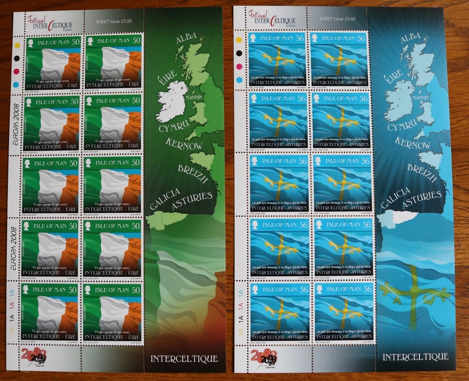 ISLA OF MAN 2008 BANDERAS INTERCELTIQUE DE PAÍSES CELTAS JUEGO DE 8 HOJAS MNH Foto 3 de 4