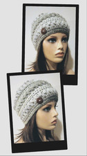 handmade crochet womans button hat beanie fading gray puffs USA new