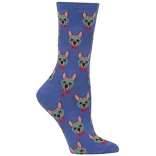 Hot Sox Womens Smart Frenchie Novelty Socks Shoe Sz 4-10 Blue French Bulldog Dog