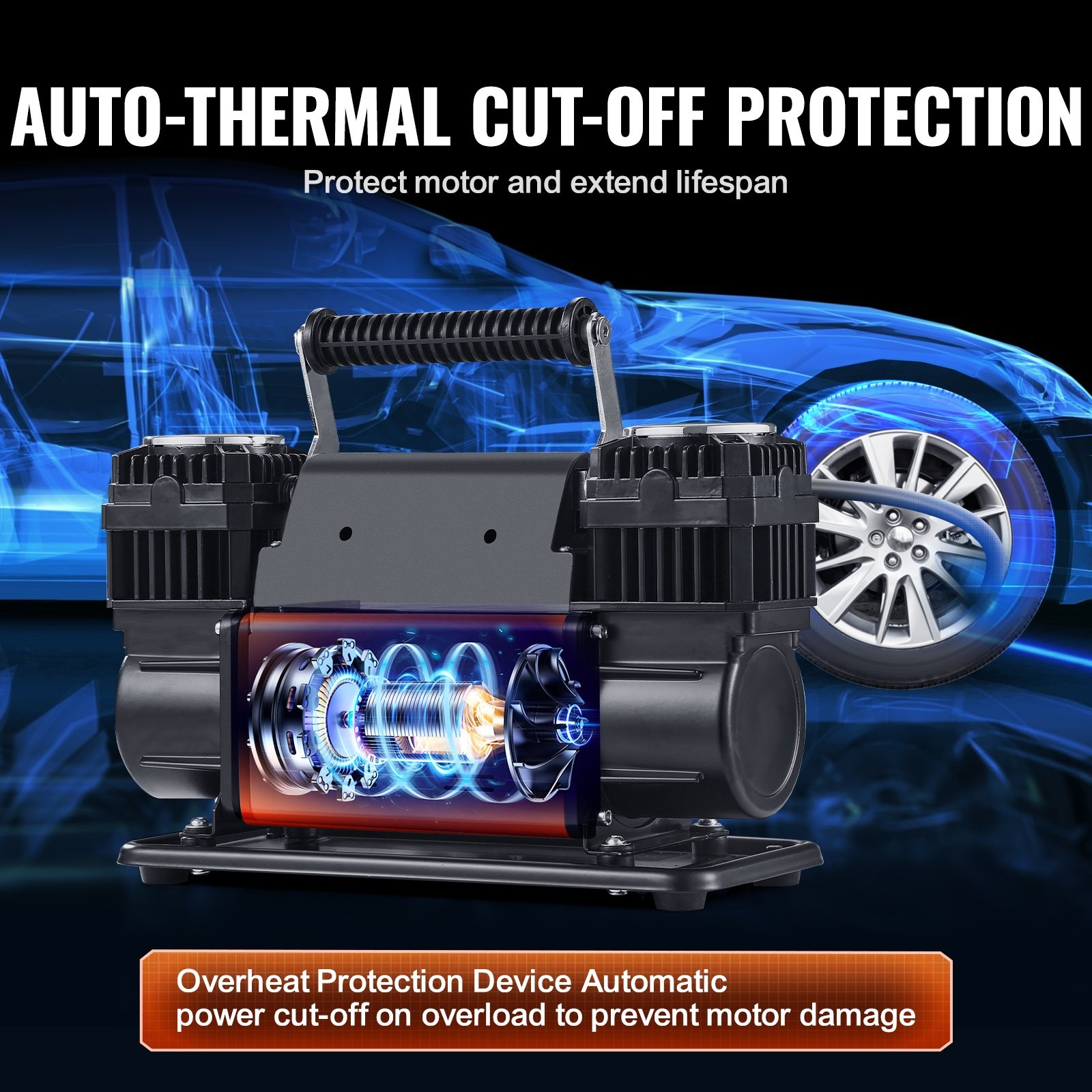 10.6 CFM Heavy Duty Air Compressor, 30s Fast Inflation | Dual-Cylinder Portable