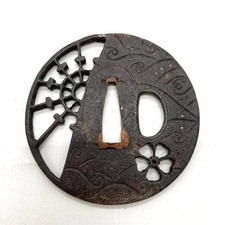 Antique Samurai Tsuba Iron Carved Inlay Decor Vintage Edo Period Auth