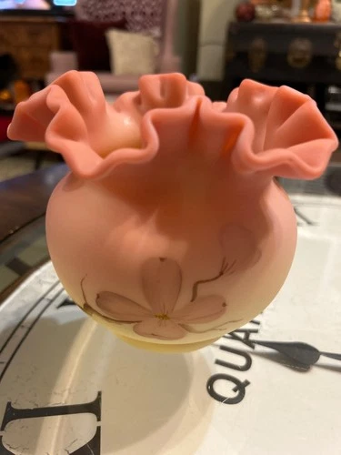 Fenton Uranium Glass Vase. Hand Painted dogwood Bloom and signed by artist.