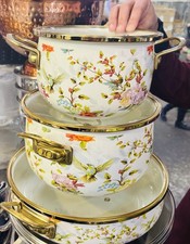 Enamel ware Cooking Pot Enamel Stockpot with Glass Lid Floral Retro Gift Set