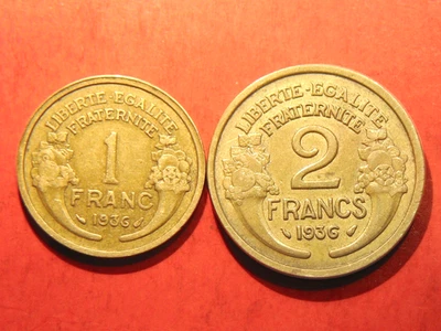 Lot 2 pièces: 1 franc et 2 francs Morlon 1936 Bronze-Alu - Photo 1/2
