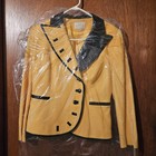 Vintage 80's Alberto Makali Yellow Skirt Suit, Size 6, Black Leather Lapel, Trim