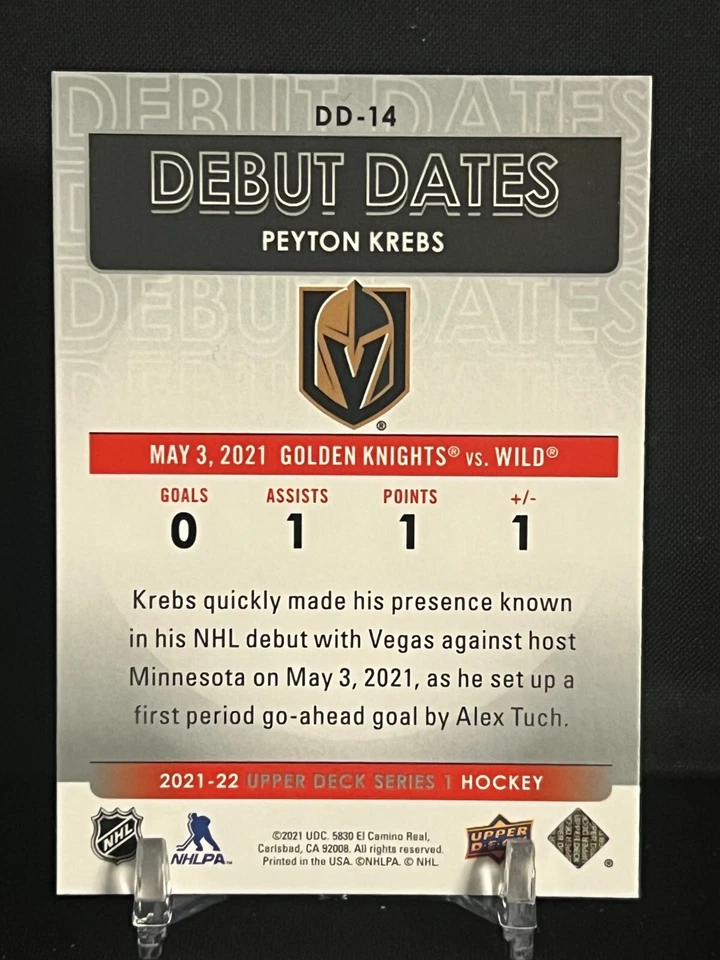 2021-22 Upper Deck Series 1 Debut Dates Peyton Krebs #DD-14 Vegas Golden Knights - Image 2 of 2