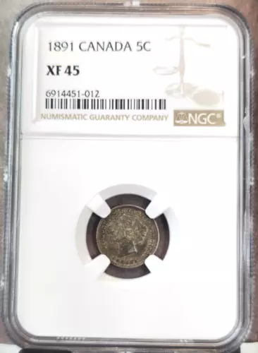 1891 CANADA SILVER 5 CENTS 5C QUEEN VICTORIA NGC XF 45 SOLID EYE APPEAL