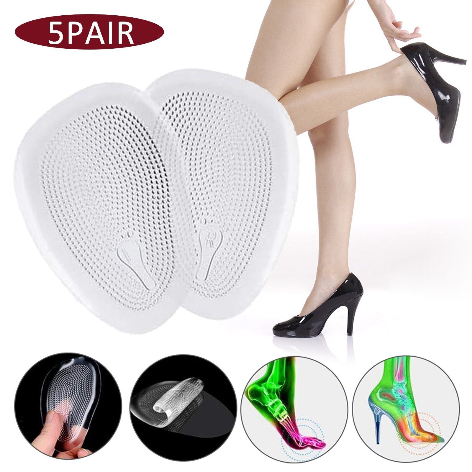 5 Pairs Soft Gel Foot Cushion Metatarsal Pads Ball of Foot Shoe Insert