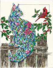 WINTER FRIENDS Cat with Cardinal 11x14 Original Art Painting Sherry Shipley