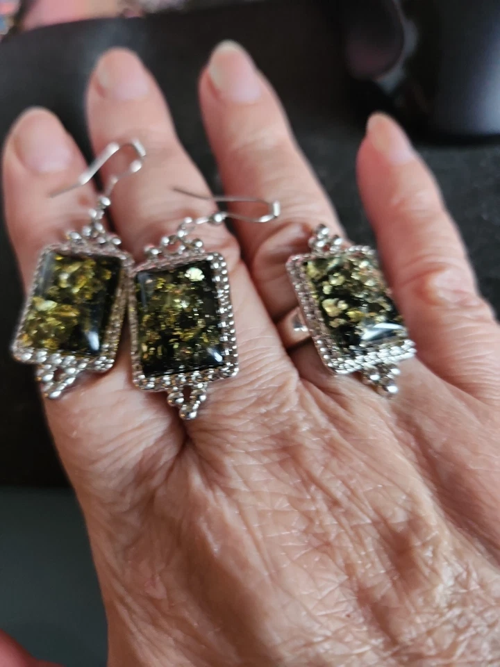  Silver Plated Amber Ring Size 8 & Leverback Earrings 2pc Set NWOT  - Image 2 of 4