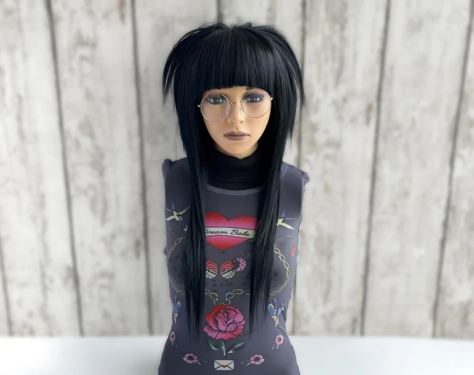 Emo Scene Wig Black, Layer Shag Wig Straight Bang, Punk Rocker Wig, Mullet Wig - Image 2 of 4