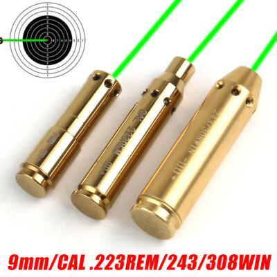 Green Laser Boresight 9MM/243/308WIN/CAL.223REM Cartridge Bore Sighter + Battery
