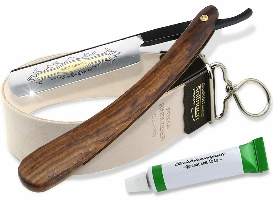 Schleif Paste Solingen Rasiermesser im Set Goldätzung 5/8 Zoll und Streichriemen