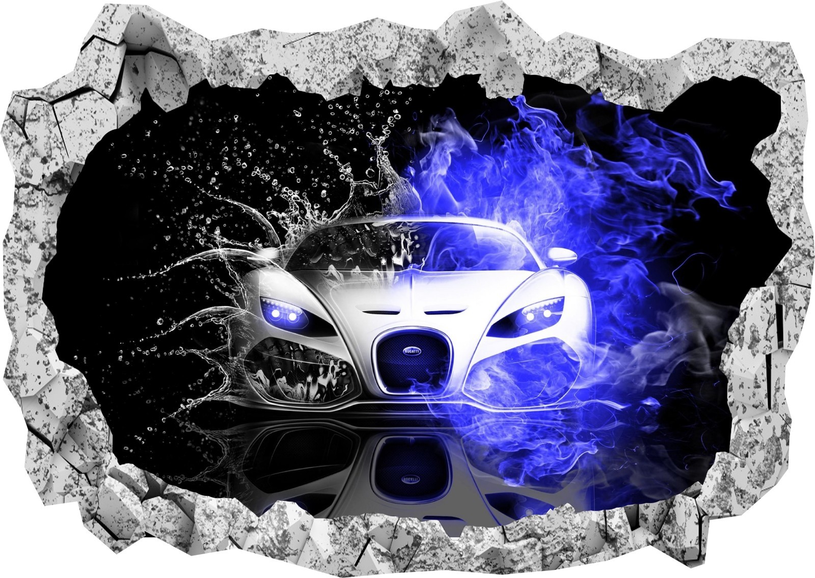 Super Sports Car Racing Bugatti 3d Smashed Wall View Sticker Poster ...