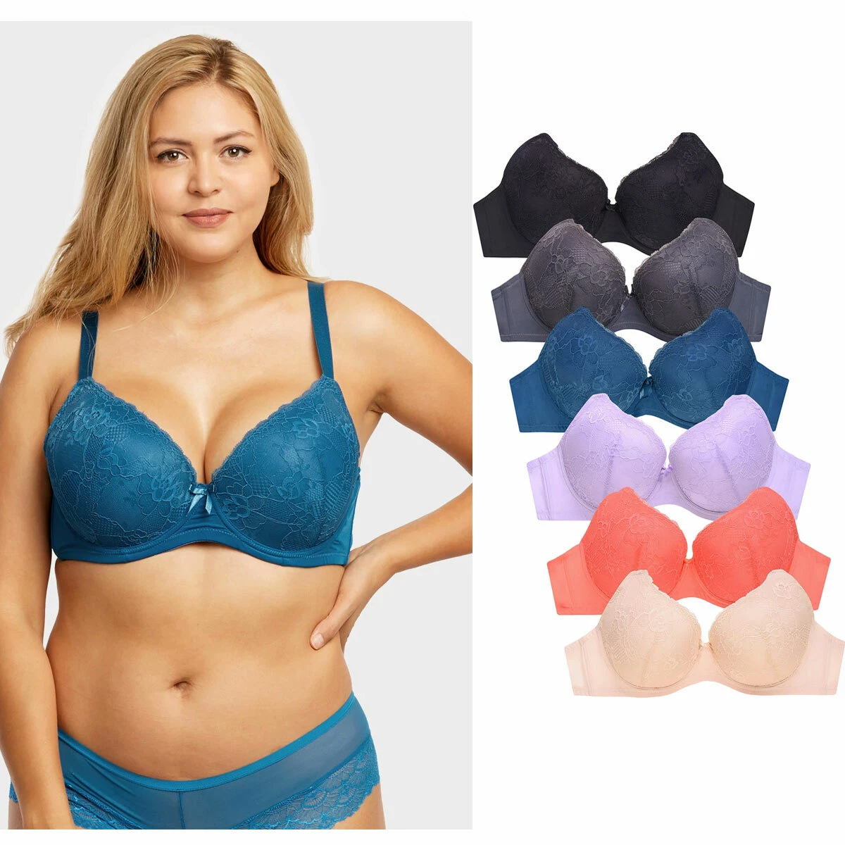 Pack of 3 Women Soft 34DD-44DD Cup Plain Underwire Support Lace Push Up Bra