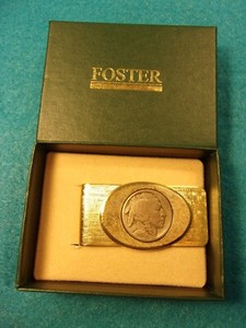 Authentic MINT CONDITION OLD VTG GOLD PLATED "FOSTER" MONEY CLIP WITH 1920 BUFFALO NICKEL