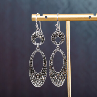 I03 Earring Elegant Oval and Circle with Marcasite Sterling Silver 925
