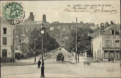 Postcard Laon-Aisne, view from train station, cafe - 4040899