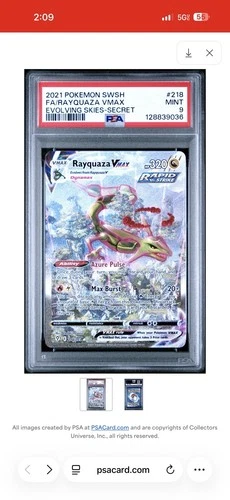Pokemon PSA 9 Rayquaza VMAX 218/203 Evolving Skies Alt Art Secret Rare SWSH MINT
