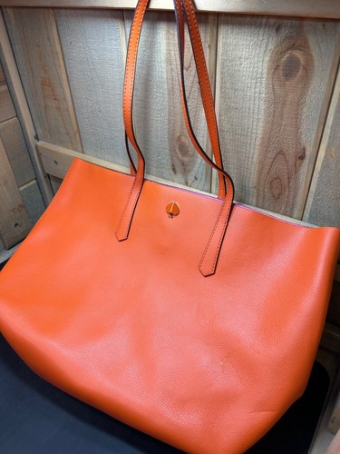 Kate Spade New York Orange Leather Tote Bag With Spade Logo & Pink Interior - Picture 2 of 16
