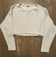 Zara Trafaluc Textured Soft Long Sleeve White Crop Sweatshirt Coastal Minimalist