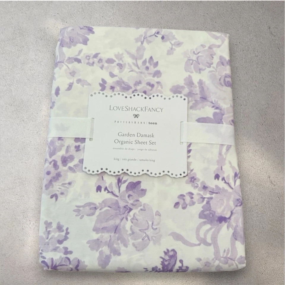 Новый с ценниками набор простыней Pottery Barn Teen LoveShackFancy Garden Damask Organic King фиолетовый - Изображение 2 из 4