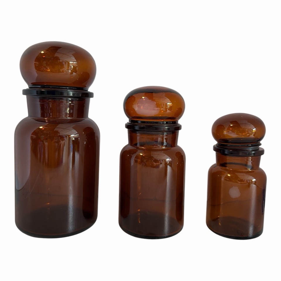 Vintage Belgian Apothecary Amber Brown Glass Bottles Set 3 Bubble Lids Pharmacy