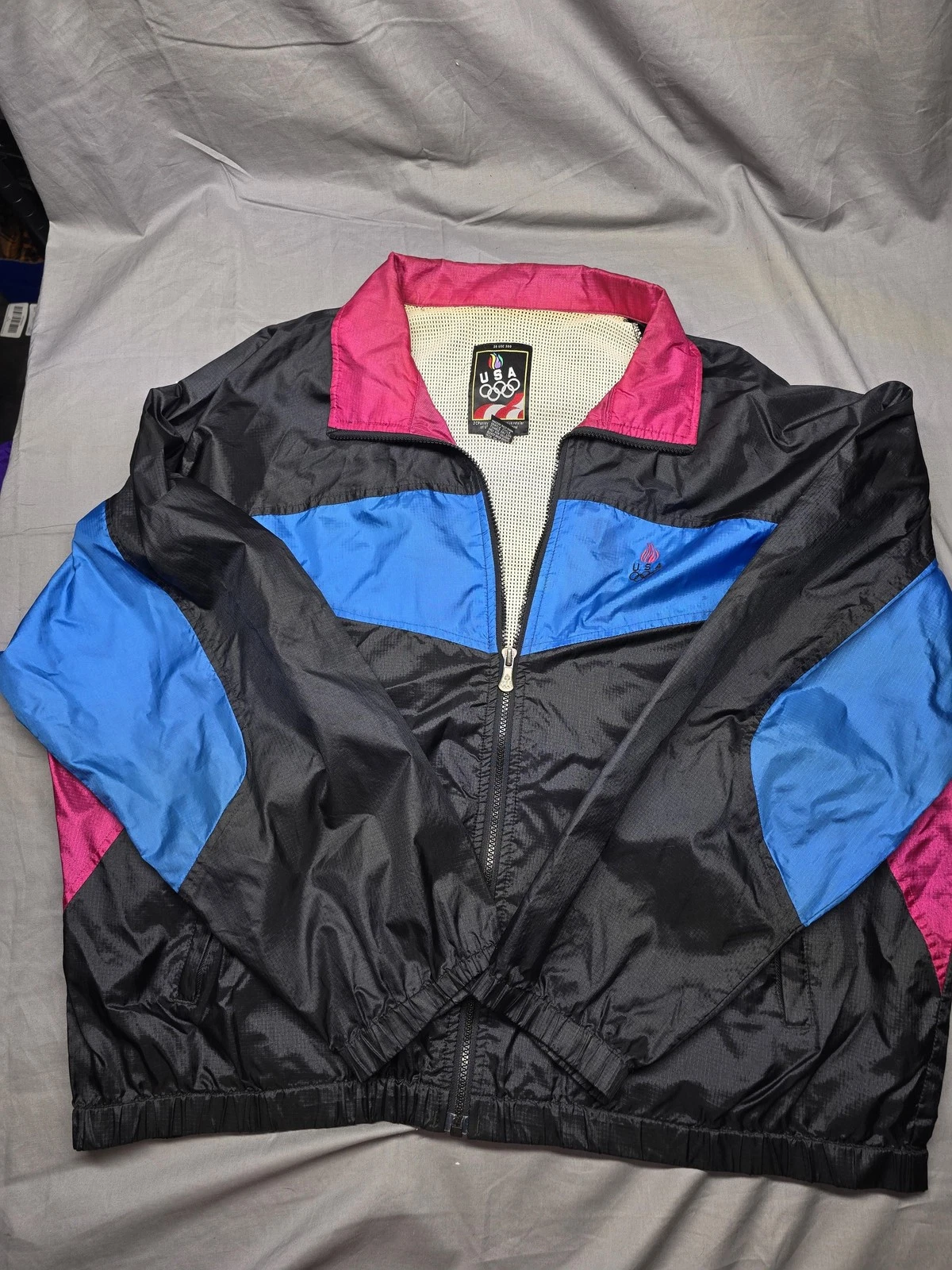 Vintage USA Olympic Jacket Mens XL Black Blue Pink Windbreaker JC Penney 90s