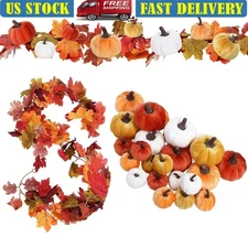 Autumn Maple Leaf Garland Set W/ Velvet Pumpkins Thanksgiving Wedding Decor New