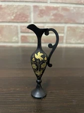 Vintage Metal Black & Gold Etched Engraved Bud Vase India  Table Art Decor