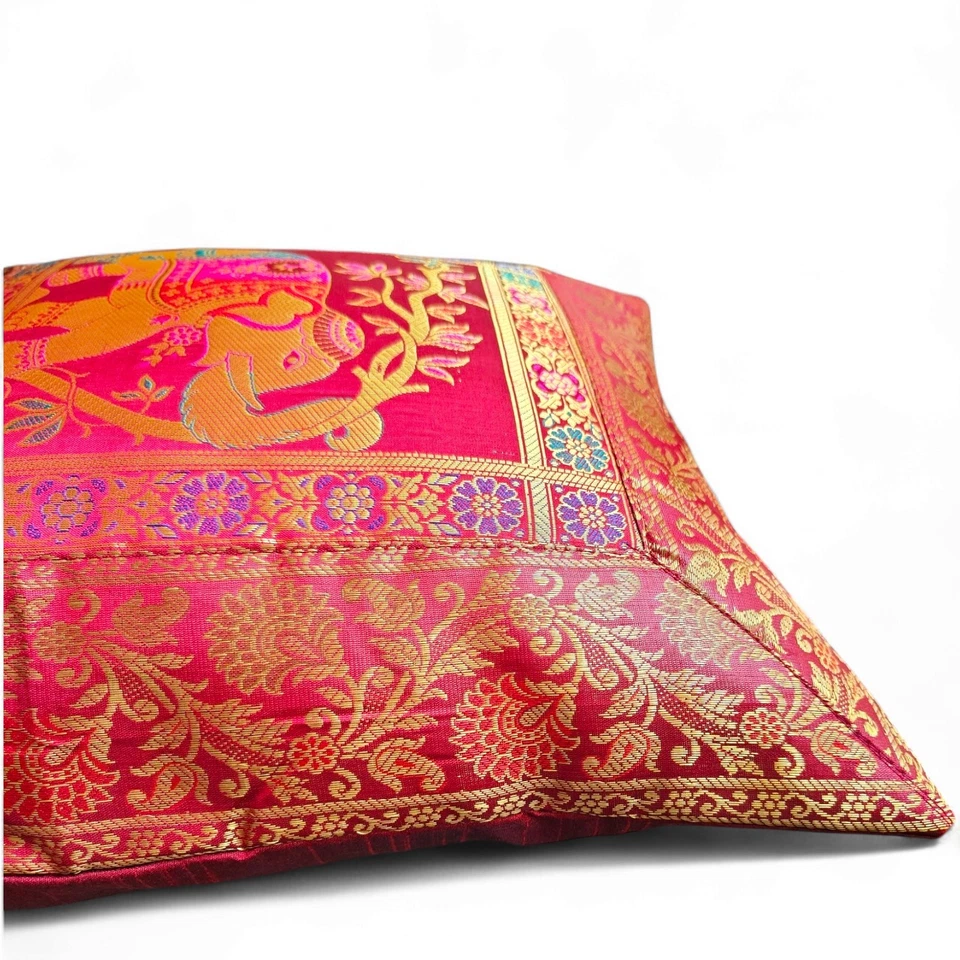 Indian Brocade Elephant Cushion Cover – Decorative Silk Throw Pillow Case, 16x16 - Image 4 of 4