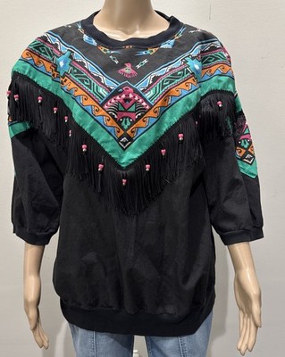 VTG Hazelwoods Shirt Women Plus Sz 2X Black thunderbird Fringe Western Wear