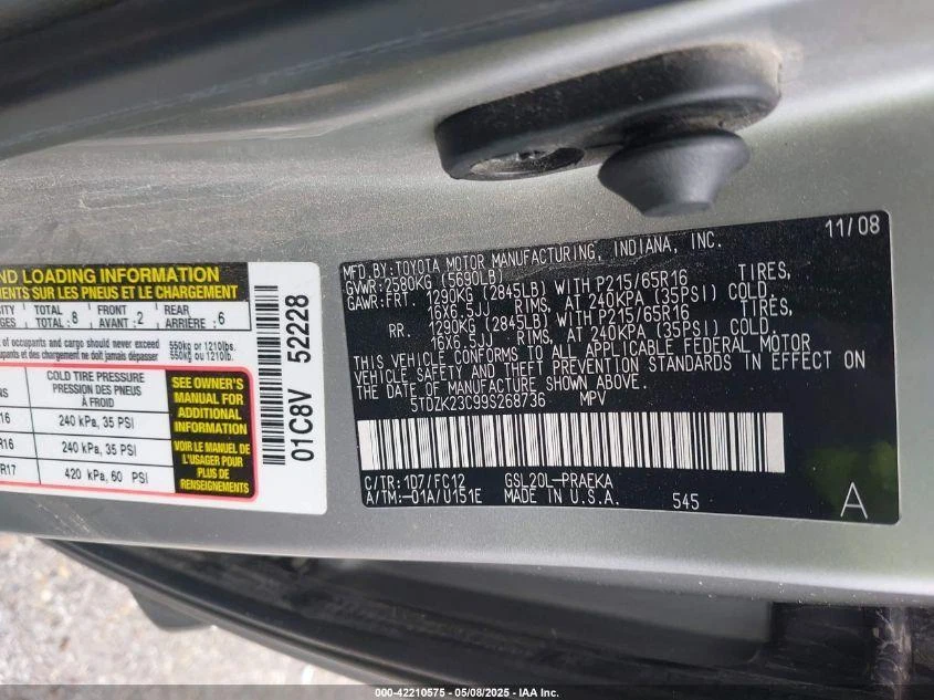 Used Engine Complete Assembly fits: 2009 Toyota Sienna 3.5L VIN K 5th digit 2GRF - Image 4 of 4