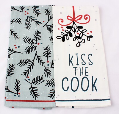 2 Kitchen Towels 28 X 18 Holiday Theme Pine and Kiss The Cook New