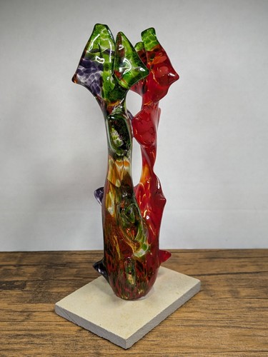 8¾" Glass Art Deco Sculpture w/ Base, Hand Crafted Abstract, Green Red Purple - Picture 9 of 19