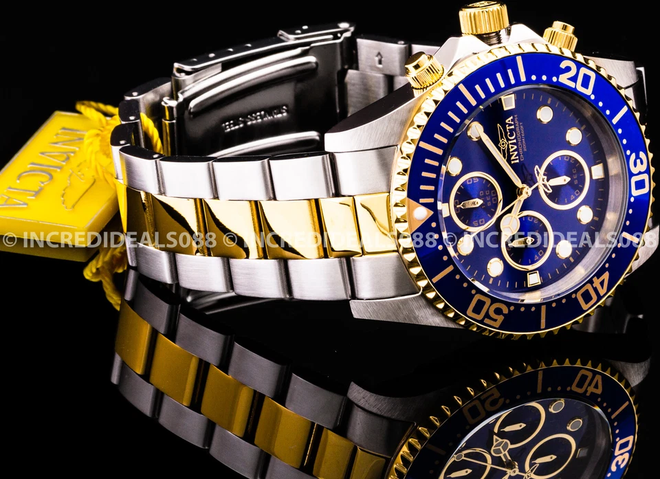 Reloj pulsera Invicta PRO DIVER para hombre cronógrafo esfera azul bisel plata oro 18K Foto 3 de 4