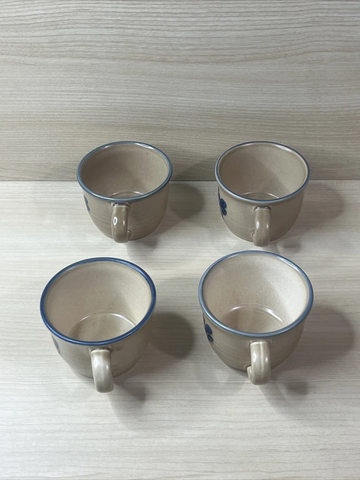 Pfaltzgraff Folk Art Coffee Tea Cups Mugs 2 1/2” Blue Tan USA Set of 4 - Image 2 of 4