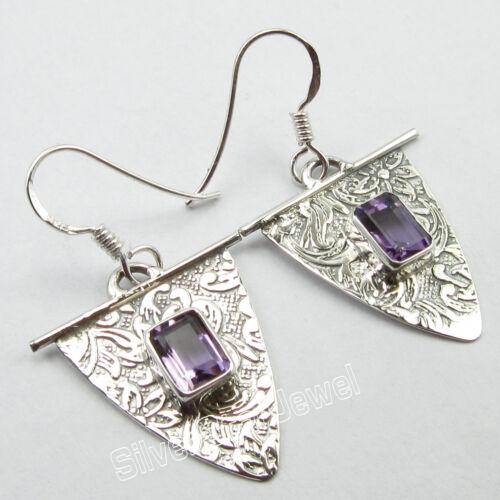 925 Solid Silver Amethyst Pierced Earrings 3.7 cm 3.9 Grams Fashion Gift Jewelry - Picture 1 of 3
