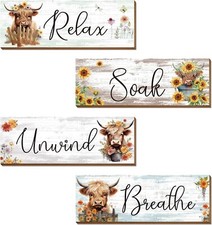 Highland Cow Wall Decor, Rustic 4PCS Bathroom Wall Decor, 11.4 x 3.9 x 0.2