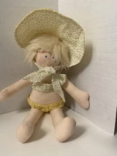 Vintage Handmade Doll Ragdoll Rag Soft Cloth 16 “ Yellow Bikini Sun Hat 1980s