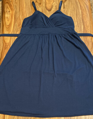 Allison Britney Sleeveless Sundress w/Bra High Waist Dress Tie Back Navy Blue Lg