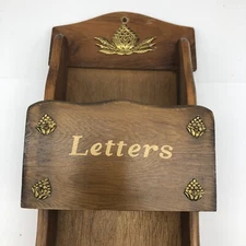 Vintage Wall pocket Key hooks Wood brass accents Letters Bills Misc 3 pockets