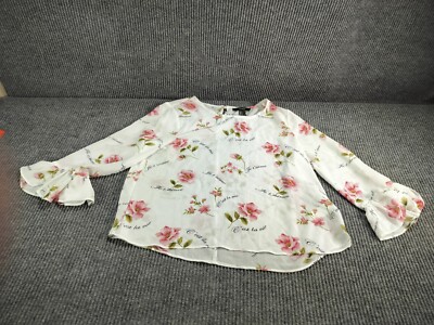 Forever 21 Woman Blouse S Sheer Floral White/Pink C/est La Vie Bell Sleeve Flowy