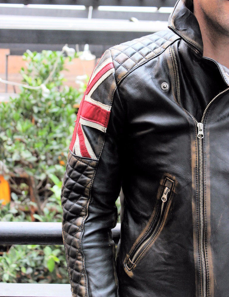 Mens Biker Cafe Racer Motorcycle Vintage UK Flag Distressed Mens Biker Cafe Racer Motorcycle Vintage UK Flag Distressed