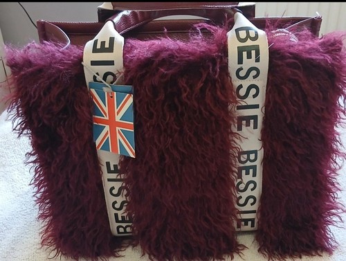 Stunning, on-trend faux fur Bessie London tote bag, rich burgundy shade.