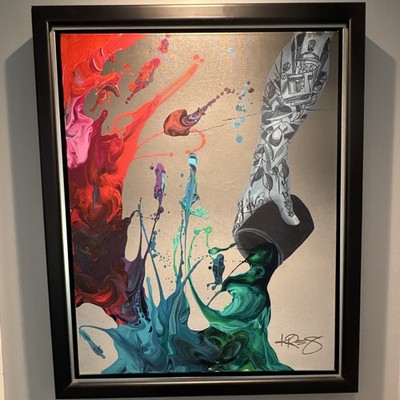 Unique work- KRE8 Framed Signed Abstract Canvas Painting - Hand Paint Pour