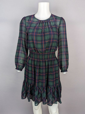 J Crew NWT Cinched Smocked Waist Glendale Dress Green Tartan