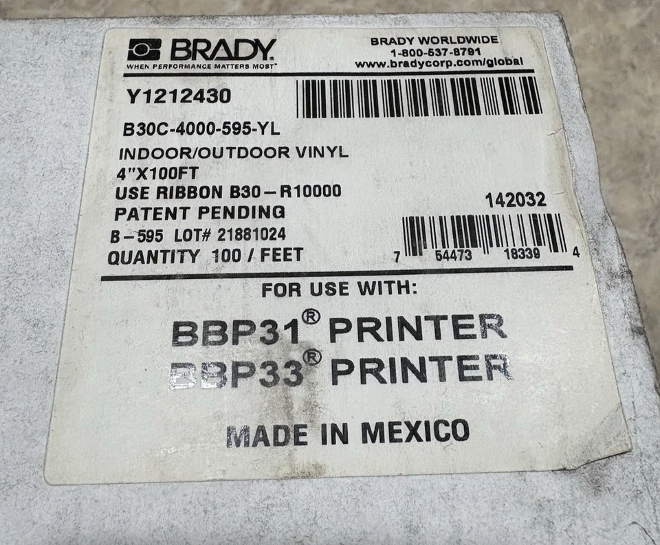 Brady B30C-4000-595-YL  Yellow Indoor/Outdoor Vinyl Tape, 4" x 100 ft NEW IN BOX - Image 4 of 4
