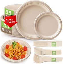 NEW,250Pcs Compostable Sugarcane Plates Dinnerware for Party Camping
